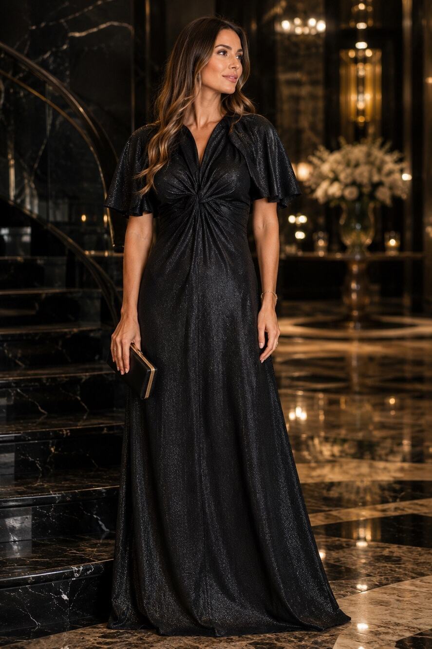 Lauren Ralph Lauren Metallic Black Draped Maxi Gown Flutter Sleeve Dress NWT